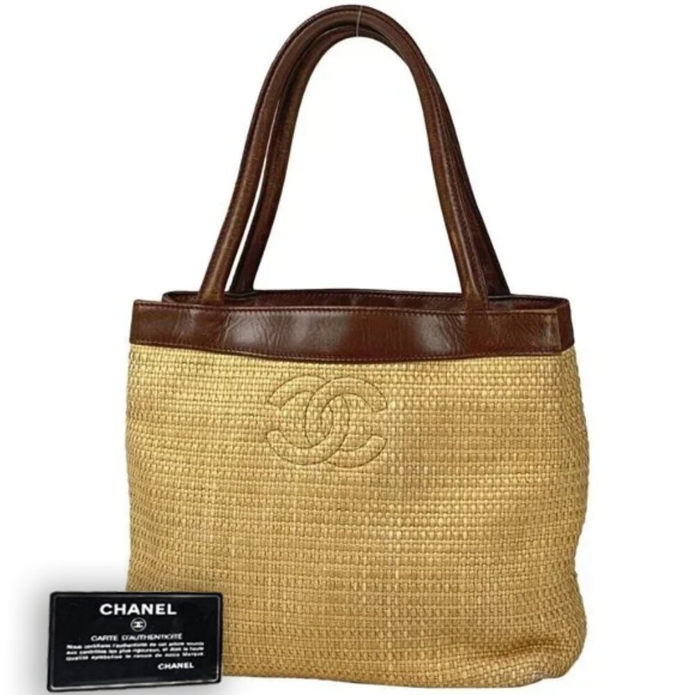 Authentic CHANEL Raffia Tote Summer Shoulder Bag Straw Beige Brown